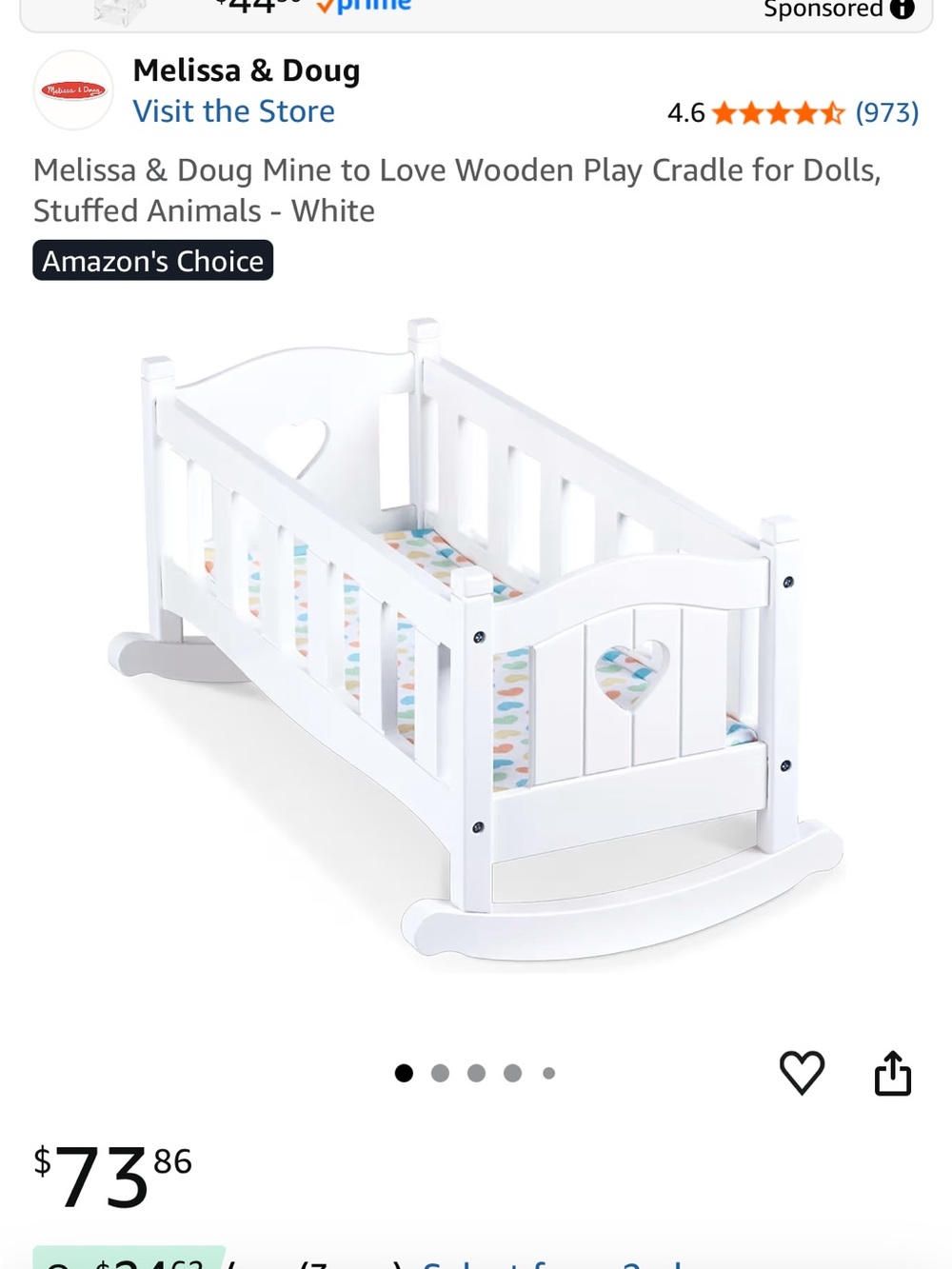 Melissa & Doug White Wooden Rocking Doll Cradle with Heart Cutouts